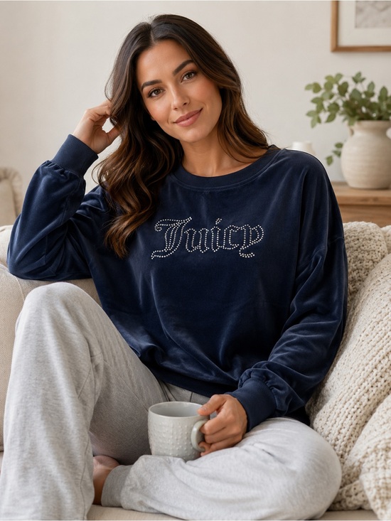 Juicy Couture Sweaters - Juicy Couture- NWT Navy Velour Rhinestone Logo Pullover size XL